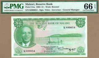 Malawi: 1 Pound Banknote,  (unc Pmg66),  P - 3aa,  Scarce,  1964,