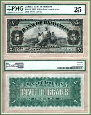 Auction: Bank Of Hamilton 1909 $5.  Large Size Pmg Vf25