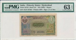Hyderabad India - Princely States 1 Rupee Nd (1950) Pmg 63epq
