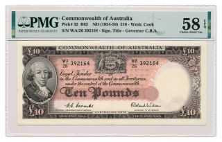 Australia Banknote 10 Pounds 1954 Commonwealth Bank Pmg Au 58 Epq