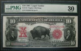 1901 Usa $10 Legal Tender Iconic Buffalo Note Pmg 30 Fr 118