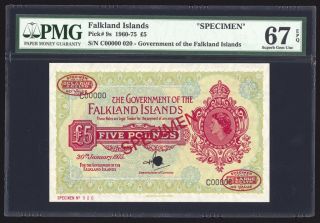 Falkland Islands 5 Pounds Specimen 1975 P9bs Pmg Gem Unc 67 Epq Top Pop