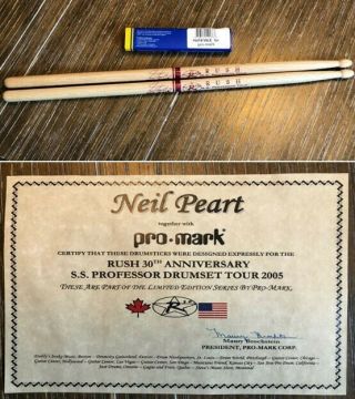 2005 Promark Neil Peart Ss Professor Drumsticks & Cerfitficate -