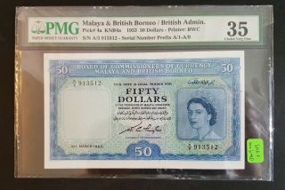 Malaya And British Borneo 1953 $50 50 Dollars Pmg 35 Vf Minor Repair