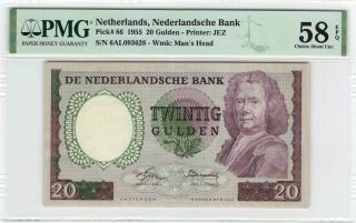 Netherlands 20 Gulden 1955 Pick 86 Pmg Choice About Uncirculated 58 Epq