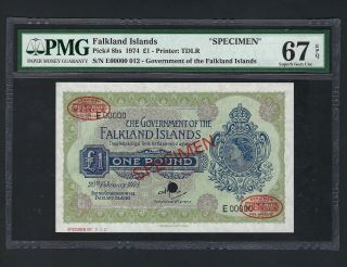 Falkland Islands One Pound 20 - 2 - 1974 P8bs Specimen Tdlr Uncirculated Graded 67