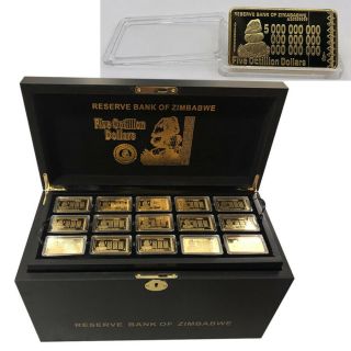270pcs Gold Plated Five Octillion Dollars Zimbabwe Metal Bar Wooden Box Set