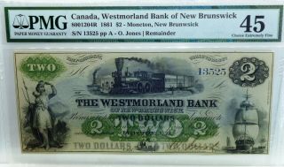 1861 $2 Westmorland Bank Of - Brunswick,  Canada Pmg 45.  Train Note.  Scarce
