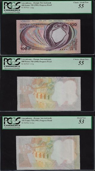 Luxembourg 3 Notes 100 Francs Nd (1981) P14ap Progressive Proof Aunc