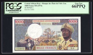 Central African Republic 1000 Francs 1974 P2 Pcgs Gem 66 Ppq