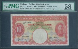 Malaya 10 Dollars P13 1941 Kgvi Pmg 58 Choice About Uncirculated