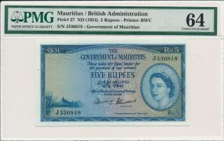 Government Of Mauritius Mauritius 5 Rupees Nd (1954) Pmg 64