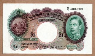 Barbados Government Of Barbados 1 Dollar 1949 Pick 2c Great Britain Banknote Uk