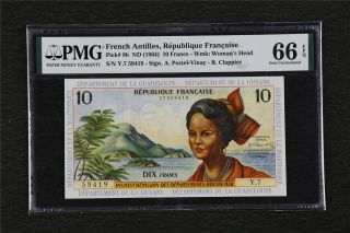 1964 French Antilles Republique Francaise 10 Francs Pick 8b Pmg 66 Epq Unc