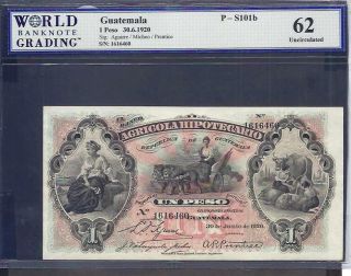 Guatemala P - S101b,  Unc,  1 Peso,  1920,  El Banco Agricola Hipotegario,  Bank
