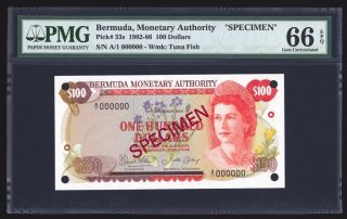 Bermuda 100 Dollars Specimen 1984 P33s Pmg Gem Uncirculated 66 Epq