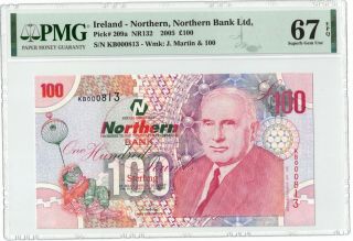 Northern Ireland 100 Pound,  Pmg 67epq,  Low Number,  2005,  Pick 209a,  Gem Unc