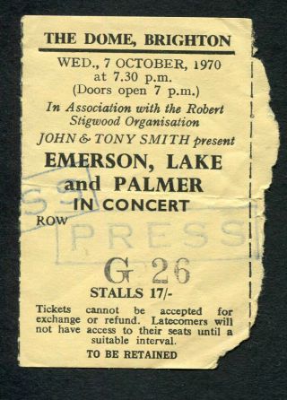 1970 Emerson Lake Palmer Concert Ticket Stub Brighton Uk Lucky Man Rare