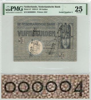 Netherlands 50 Gulden 1931 Serial 000004 Minerva Pick 47 Pmg Very Fine 25