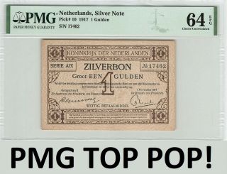 Netherlands 1 Gulden 1917 Silver Note Pick 10 Pmg Choice Unc 64 Epq Top Pop