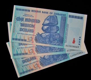 3 X Zimbabwe 100 Trillion Dollar Banknote - 2008/aa / Authentic Currency