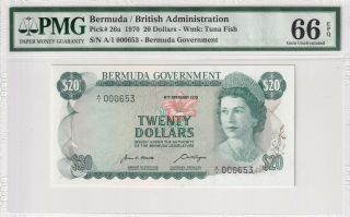 1970 Bermuda 20 Dollars P - 26a S/n A/1000653 Pmg 66 Epq Gem Unc