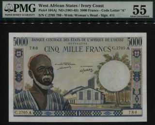 Tt Pk 104aj Nd West African States Ivory Coast 5000 Francs Pmg 55 Oversize Beaut