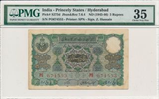 Hyderabad India - Princely States 5 Rupees Nd (1945 - 46) Pmg 35