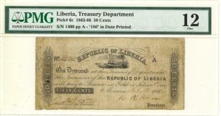 Liberia 50 Cents Currency Banknote 1863 Pmg 12 Fine