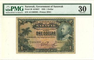Sarawak $1 Dollar Currency Banknote 1935 Pmg 30 Vf