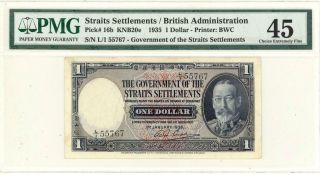 Straits Settlements $1 Dollar Currency Banknote 1935 Pmg 45 Choice Xf