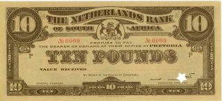 South Africa Netherlands Bank 10 Pounds Banknote 1920 - Specimen Pmg Cu
