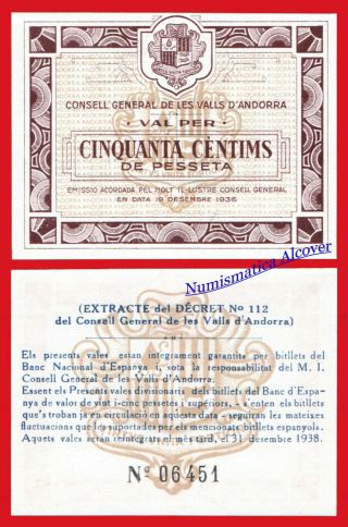 Andorra 50 Cents 1936 Pick 5 Unc