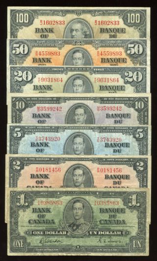 1937 Bank Of Canada $1 - $100 Banknote Set
