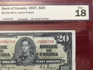 Low Serial Number 1937 Bank Of Canada $20 Banknote 0000789 Bcs F18