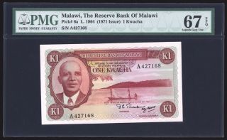 Malawi 1 Kwacha 1964 P6a Pmg Gem Uncirculated 67 Epq Finest