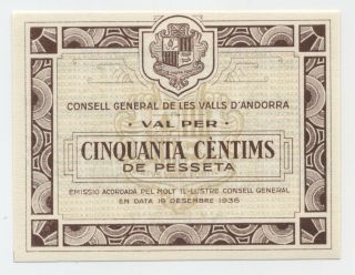 Andorra 50 Centims 19 - 12 - 1936 Pick 5 Unc Uncirculated Banknote Ref 469