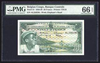 Belgian Congo 20 Francs 1957 P31 Pmg Gem Uncirculated 66 Epq