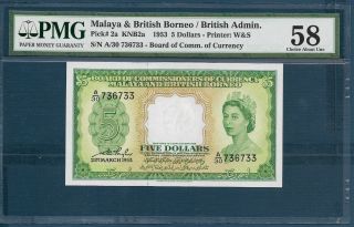 Malaya & British Borneo 5 Dollars,  1953,  P 2a,  Pmg 58 Aunc
