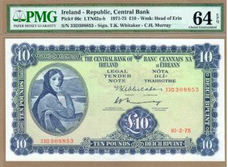 Ireland - Republic: 10 Pounds Banknote,  (unc Pmg64),  P - 66c,  10.  02.  1975,