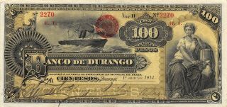 México / Durango 100 Pesos 1.  3.  1914 Series H E.  T.  H.  1 Circulated Banknote Anglb
