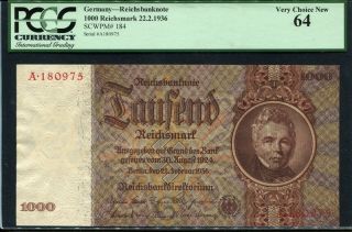 Germany 1936,  1000 Reichsmark,  P184,  190x95mm,  Pcgs 64 Unc