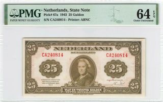 Netherlands 25 Gulden 1943 State Note Pick 67 Pmg Choice Uncirculated 64 Epq