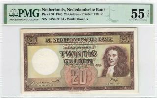 Netherlands 20 Gulden 1945 Willem Iii Pick 76 Pmg About Uncirculated 55 Epq