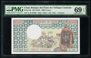 Pmg 69 Epq Champion Grade Chad 1978 1000 Francs P3b Pick 3b Unc Banknote