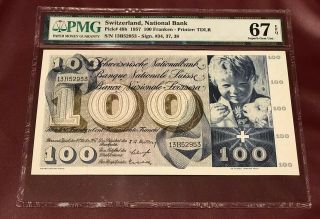 Switzerland 100 Francs Franken 1957 Pmg 67 Gem Unc Pick 49b Finest Known By Pmg