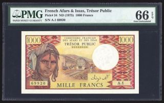 French Afars & Issas 1000 Francs 1975 P34 Pmg Gem Uncirculated 66 Epq