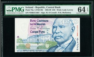 Ireland Central Bank Of Ireland 50 Pounds 19.  3.  1999 Pick 78a Pmg Choice Uncircul