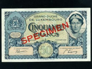 Luxembourg:p - 38s1,  50 Fracs,  1932 Specimen Duchess Charlotte Unc