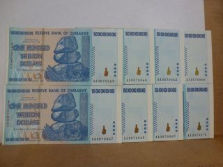 2008 Reserve Bank Of Zimbabwe 100 Trillion Dollars Uncirculated (8 Consecutive)